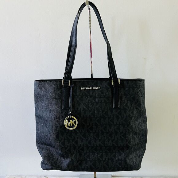 MICHAEL KORS Morgan Black Gray Logo Print Leather Medium Tote Bag - Picture 1 of 9